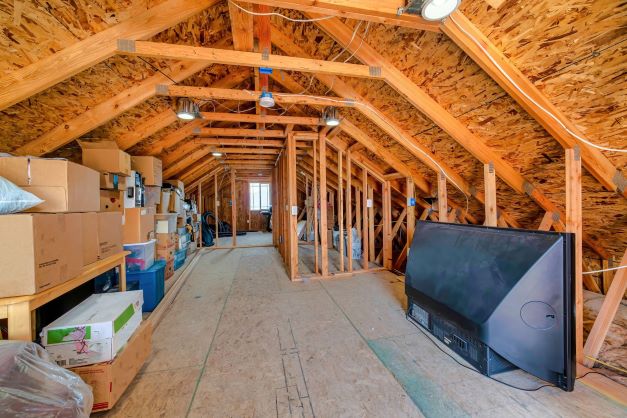 Attic with personal items stored neatly